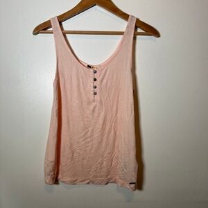 Roxy Womens Peach Pink Ribbed Henley Tank Top Sleeveless Scoop Neck Size Medium